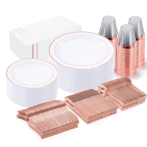 GATHER 350PCS Rose Gold Plastic Plates - Disposable Rose Gold Dinnerware Sets Includes 100 Gold Rimmed Plastic Plates, 150 Silverware, 50 Napkins, 50 Cups for Party, Wedding - Image 1
