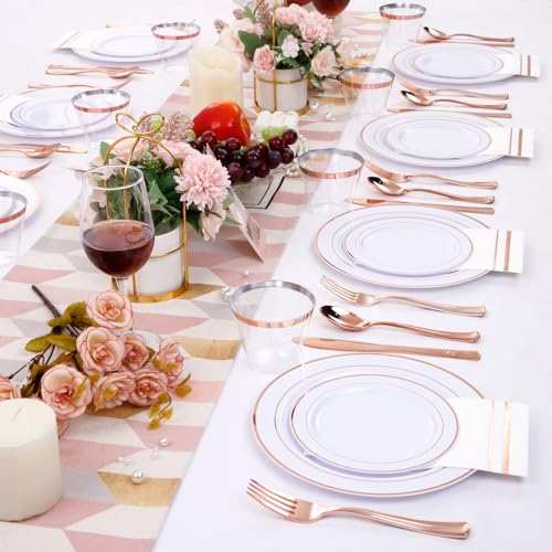 GATHER 350PCS Rose Gold Plastic Plates - Disposable Rose Gold Dinnerware Sets Includes 100 Gold Rimmed Plastic Plates, 150 Silverware, 50 Napkins, 50 Cups for Party, Wedding - Image 3