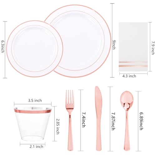 GATHER 350PCS Rose Gold Plastic Plates - Disposable Rose Gold Dinnerware Sets Includes 100 Gold Rimmed Plastic Plates, 150 Silverware, 50 Napkins, 50 Cups for Party, Wedding - Image 2
