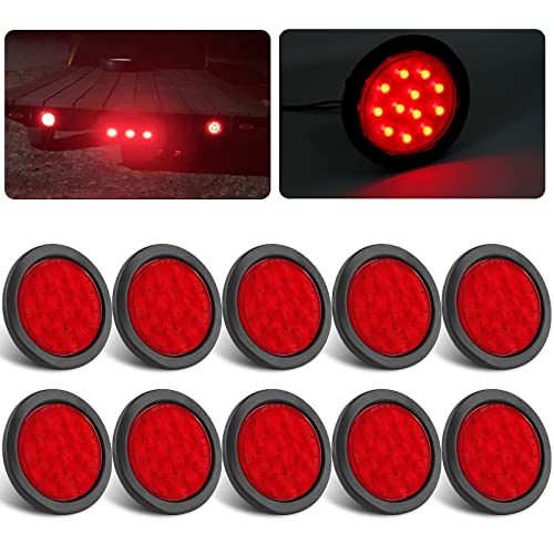 Partswcgg 10Pcs 4 Inch Round Led Trailer Tail Lights Red 12 LED Waterproof 4" Round LED Stop Turn Tail Brake Light Marker Trailer Truck RV Lights Sealed Grommet Flush Mount w/3 Prong Wire Pigtails - Image 1