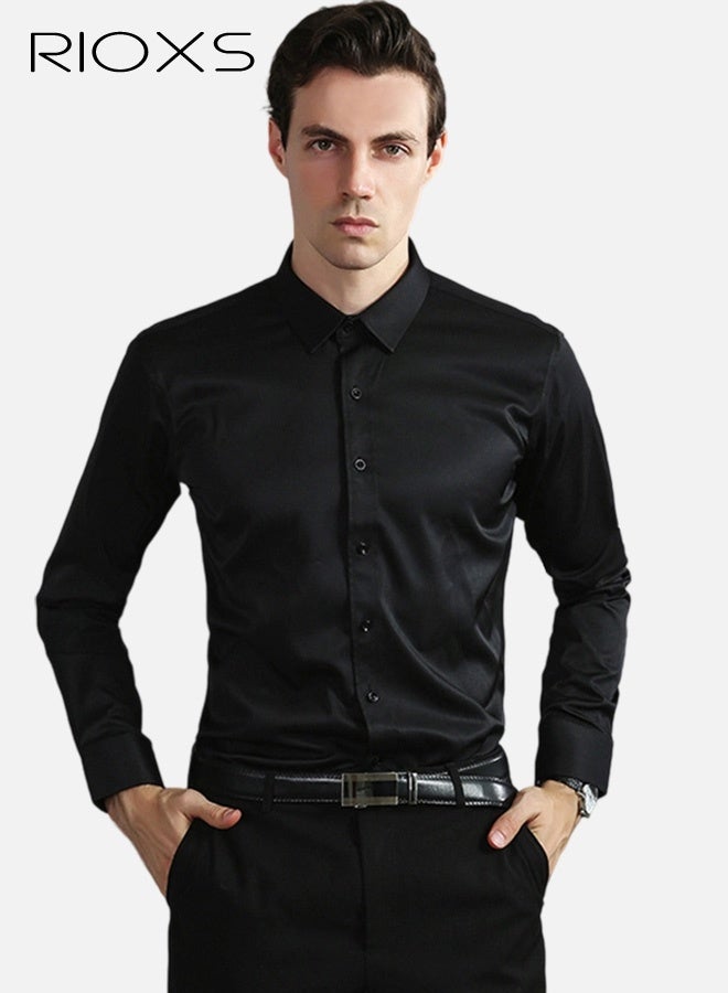 RIOXS Men's Dress Shirts, Regular-Fit Button Down Collar Shirts, Long Sleeve Formal Shirts for Men, Wrinkle-Free Work Blouses Tops, Dressy Shirts for Business, Office, Meeting, Interview, Party, Wedding Dating Shirt, Classic Black Blouses - Image 1