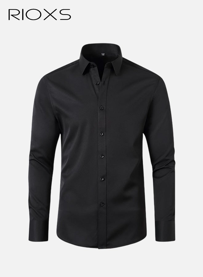 RIOXS Men's Dress Shirts, Regular-Fit Button Down Collar Shirts, Long Sleeve Formal Shirts for Men, Wrinkle-Free Work Blouses Tops, Dressy Shirts for Business, Office, Meeting, Interview, Party, Wedding Dating Shirt, Classic Black Blouses - Image 3