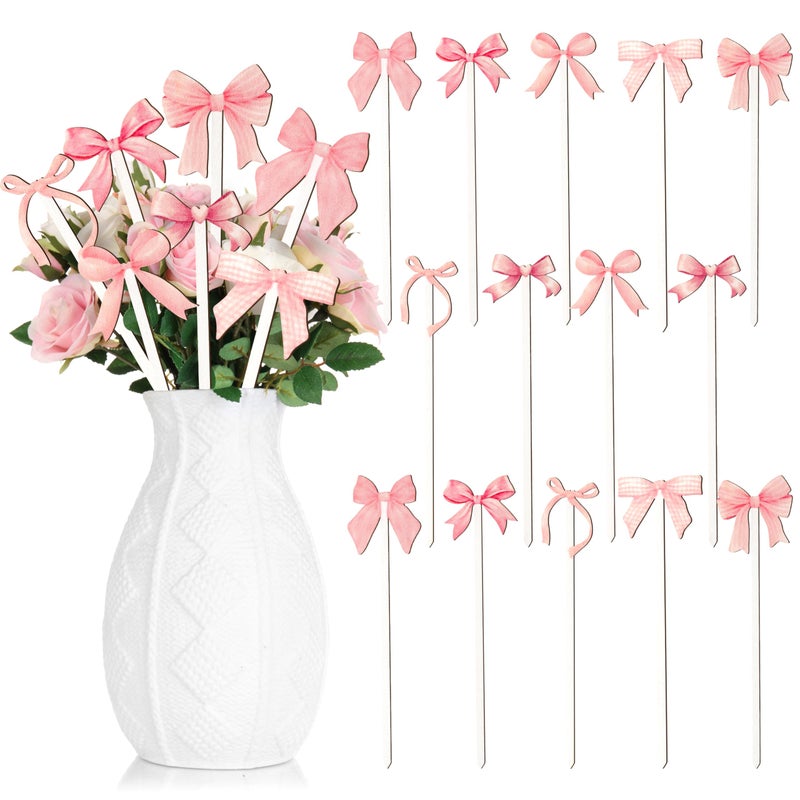 TICIAGA Pink Bow Wooden Picks - 14PCS Pink Bow Tie Double-Sided Wooden Decorative Pick for Home Cute Vase Filler Wooden Bow Tie Decorative Pick for Farmhouse Decor Bow Tie Theme Decorations for Home - Image 1