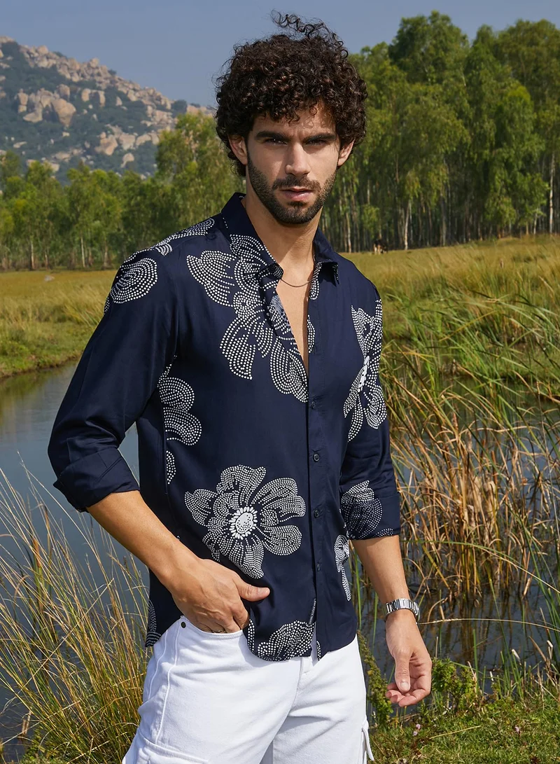 Campus Sutra Men's Navy Blue Maxi-Flora Shirt