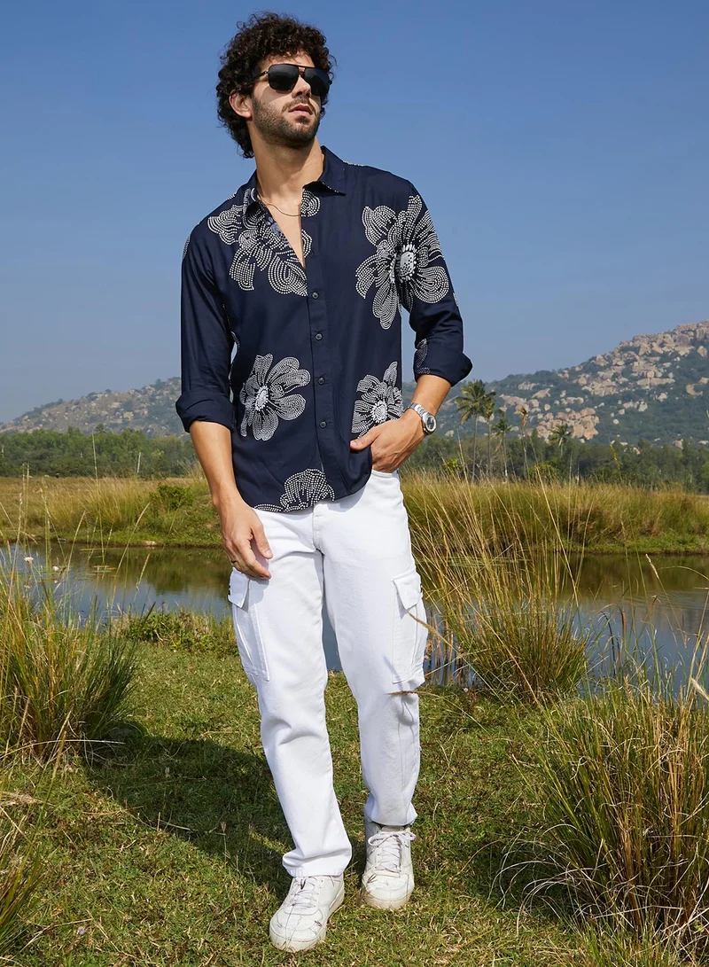 Campus Sutra Men's Navy Blue Maxi-Flora Shirt