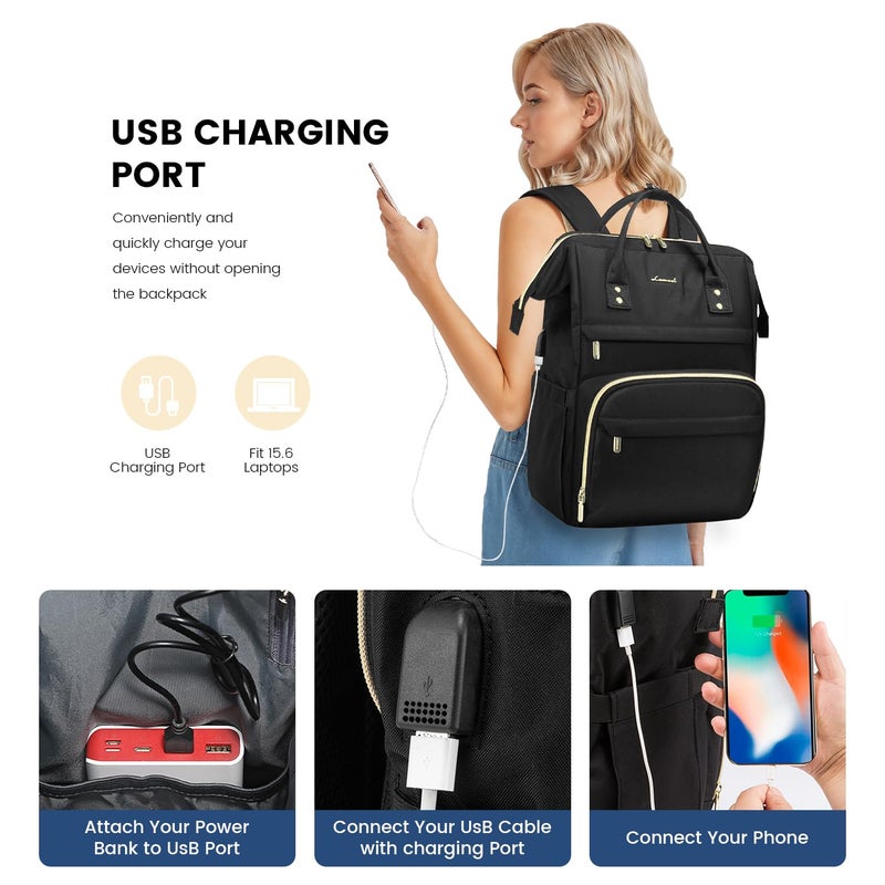 Lovevook LOVEVOOK Laptop Backpack Women, 15.6 Inch Work Backpack Woman for Teacher Nurse Bags, Computer College Backpack Purse, Waterproof Anti-theft Travel Back Pack with USB Charging Port, Black  - Image 3