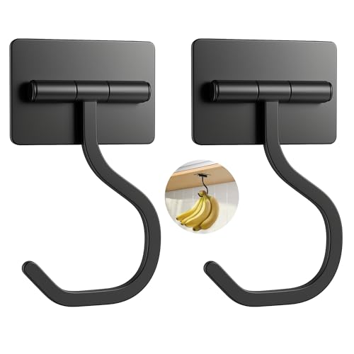 bussdis Short Banana Hook Under Cabinet - 2 Pack Adhesive Banana Hanger Under Counter, Metal Banana Holder Stand for Hanging Bananas or Kitchen Utensil, Keeps Bananas Fresh, Black - Image 1