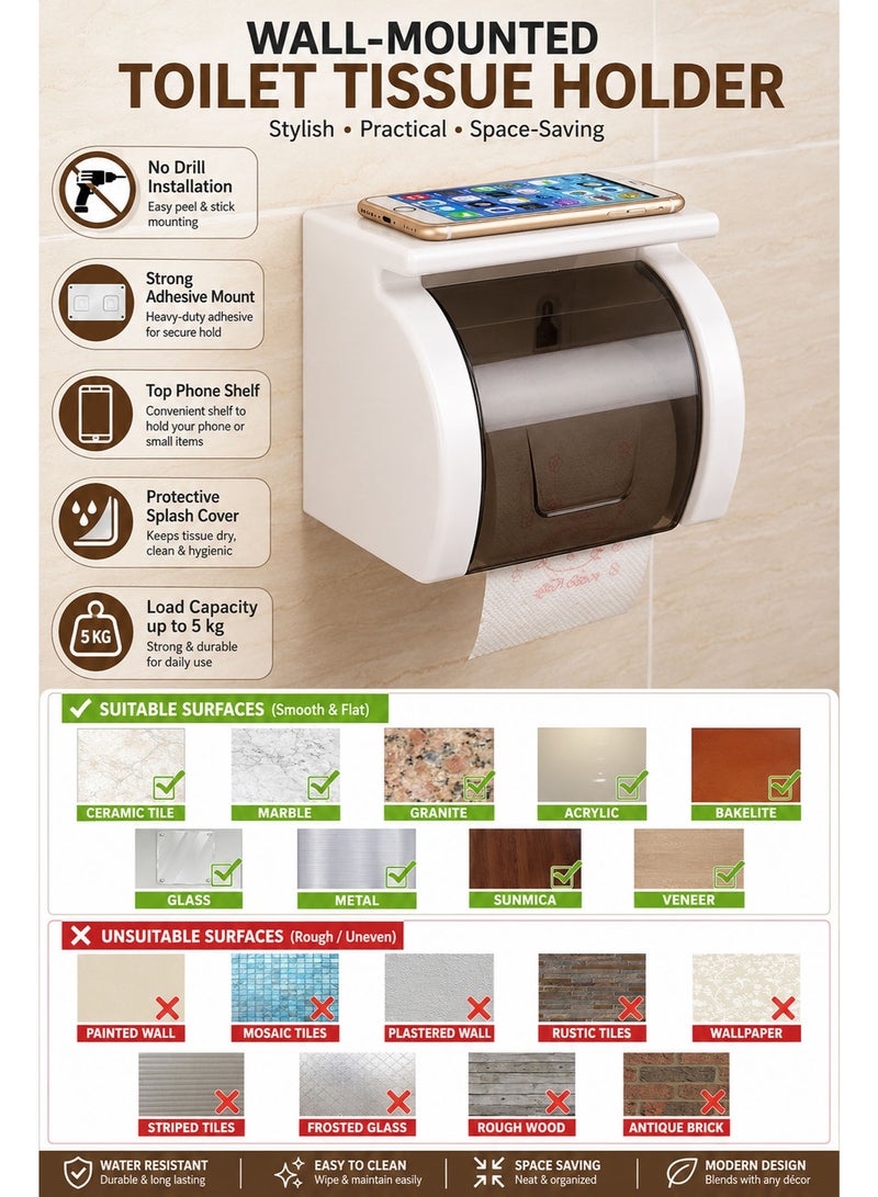 Bathroom Toilet Paper Holder with Mobile Phone Shelf, Self-Adhesive ABS Tissue Roll Holder, Wall Mounted Bathroom Organizer for Toilet, Washroom & Restroom Accessories - Image 3