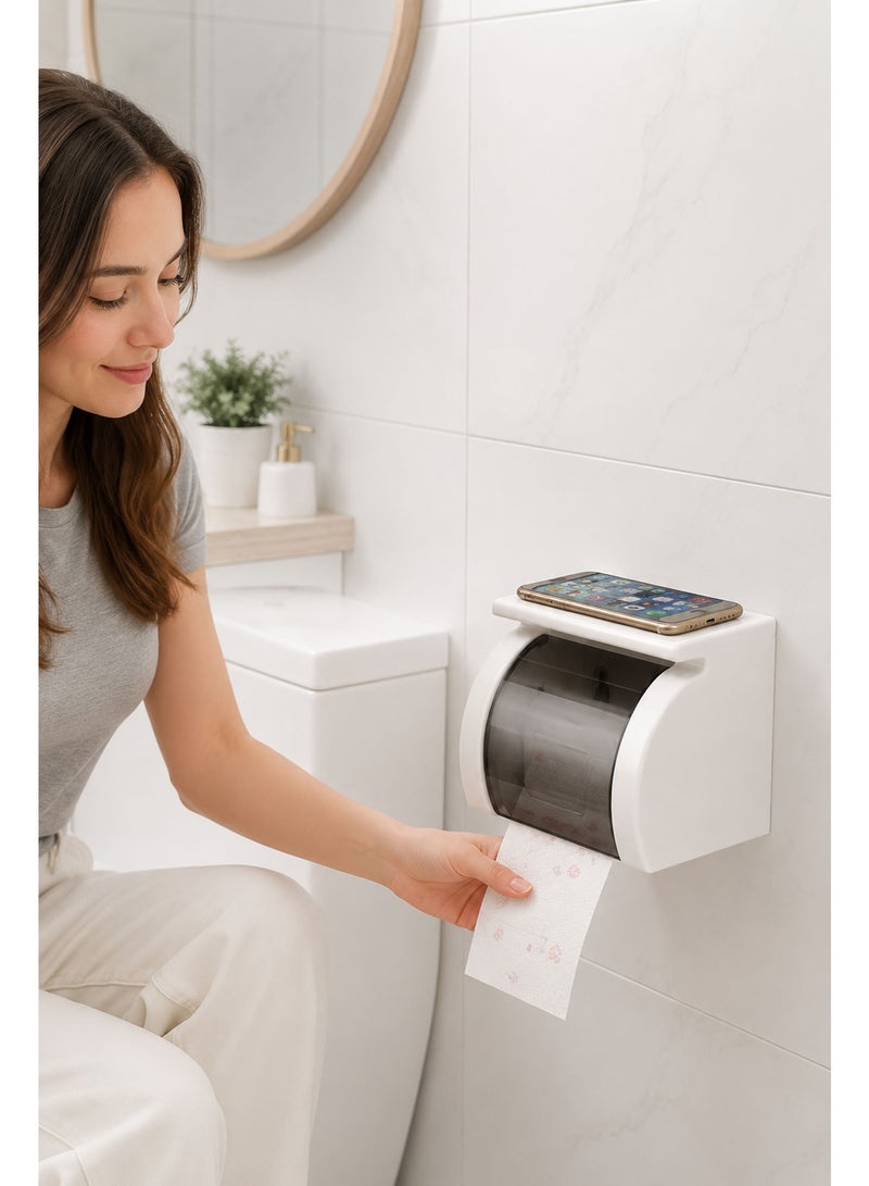 Bathroom Toilet Paper Holder with Mobile Phone Shelf, Self-Adhesive ABS Tissue Roll Holder, Wall Mounted Bathroom Organizer for Toilet, Washroom & Restroom Accessories - Image 4