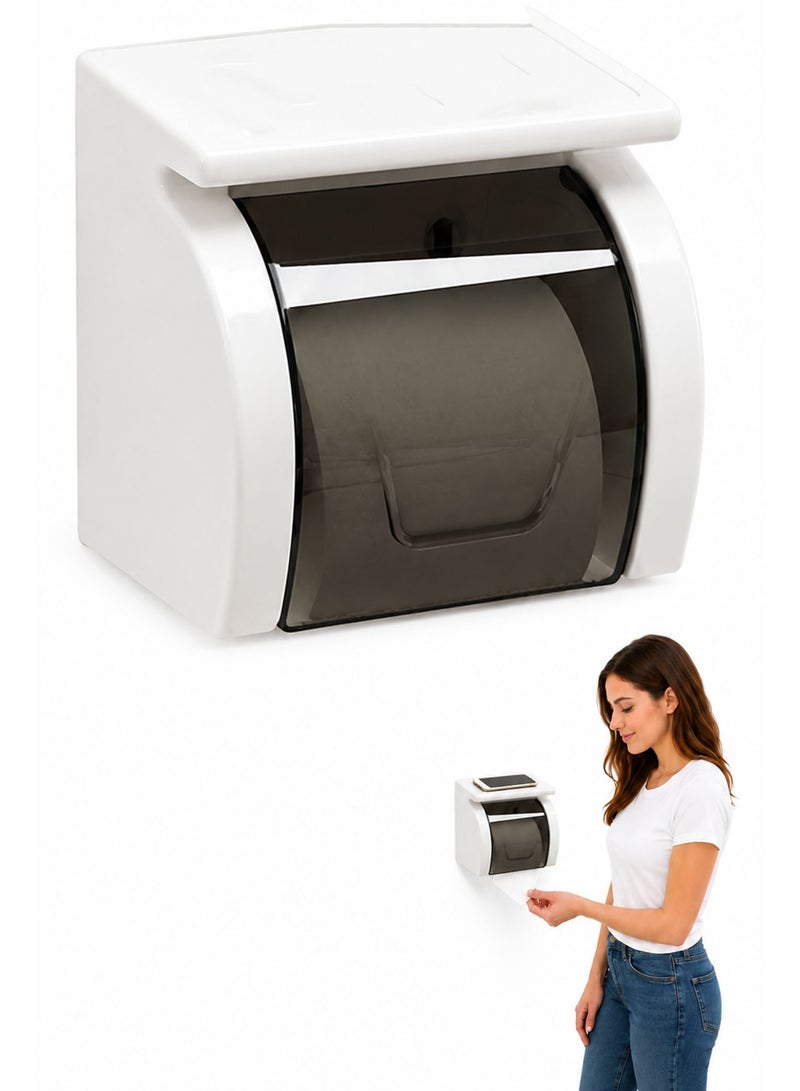Bathroom Toilet Paper Holder with Mobile Phone Shelf, Self-Adhesive ABS Tissue Roll Holder, Wall Mounted Bathroom Organizer for Toilet, Washroom & Restroom Accessories - Image 1