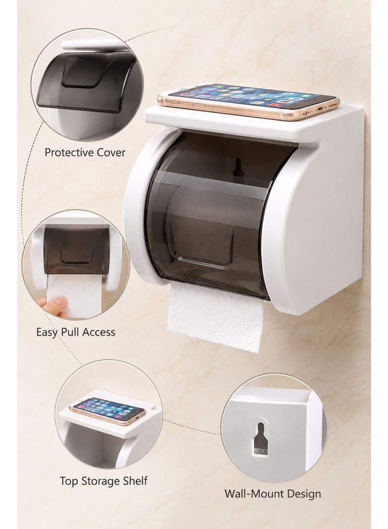 Bathroom Toilet Paper Holder with Mobile Phone Shelf, Self-Adhesive ABS Tissue Roll Holder, Wall Mounted Bathroom Organizer for Toilet, Washroom & Restroom Accessories - Image 2