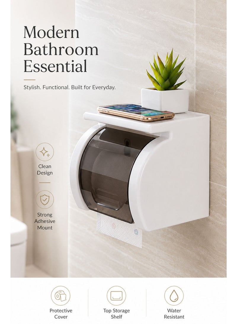 Bathroom Toilet Paper Holder with Mobile Phone Shelf, Self-Adhesive ABS Tissue Roll Holder, Wall Mounted Bathroom Organizer for Toilet, Washroom & Restroom Accessories - Image 5
