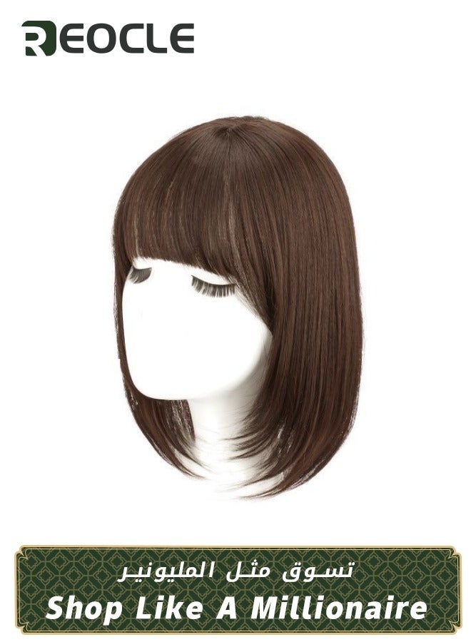 REOCLE Natural Hair Wig Short Straight Bob Wig 10 Inch Shoulder Length Wig Lace Top Base Wigs Fake Scalp Wig Adding Hair Volume Topper Light Brown - Image 1