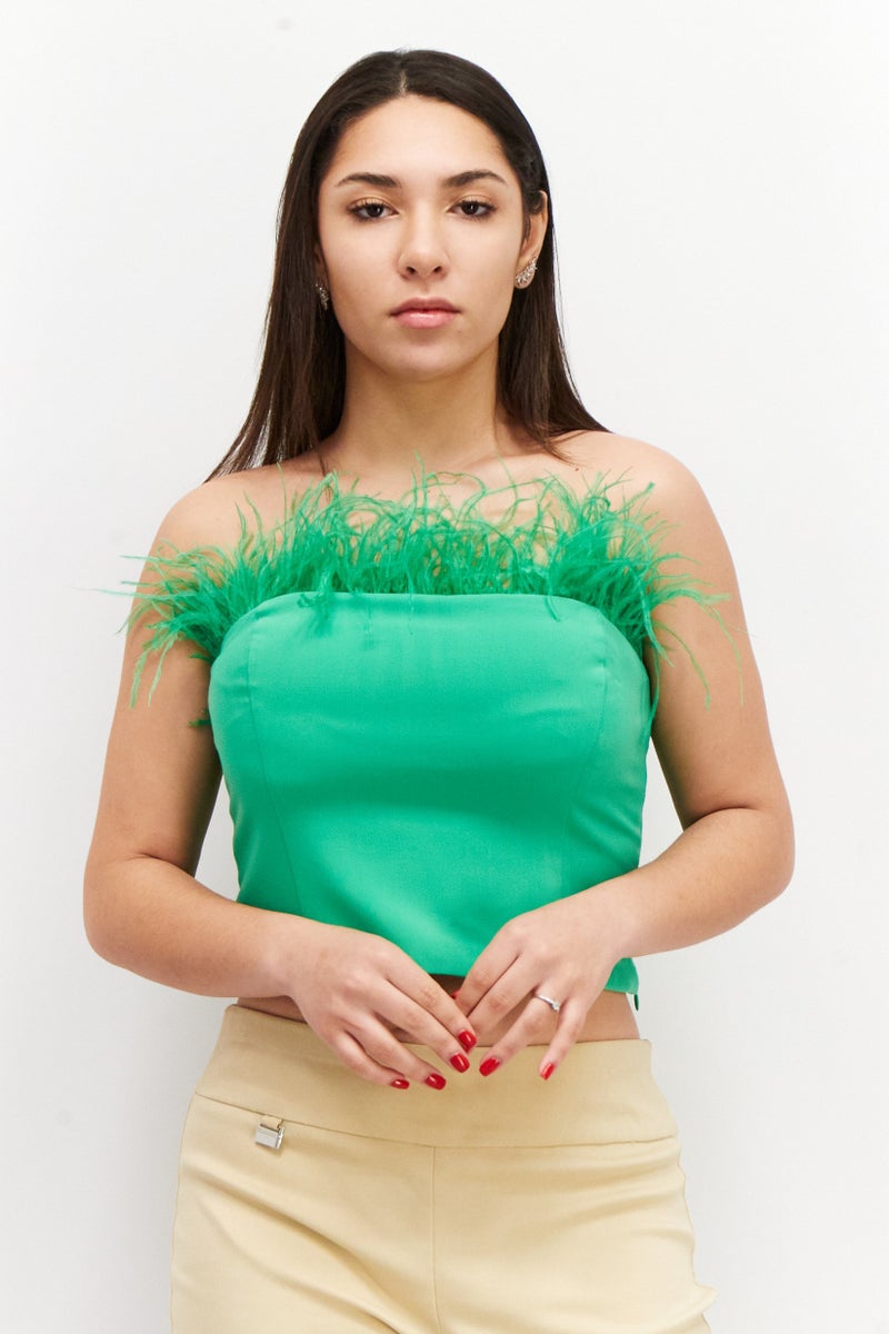 Reserved Women Straight Across Strappless Cropped Top, Green - Image 1