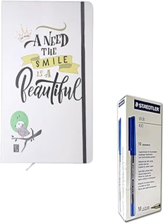 HardCover "Beautiful Smile" A5 Notebook with Elastic Band & 10-Pieces Staedtler 430 1.0mm Blue Pens