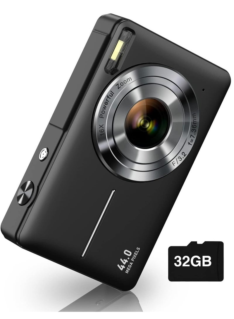 LIMOS Digital Camera for Kids – FHD 1080P, 44MP Point and Shoot Compact Camera with 16X Zoom, 32GB SD Card, 2 Batteries, and Lanyard – Ideal Gift for Boys and Girls (Black  - Image 1