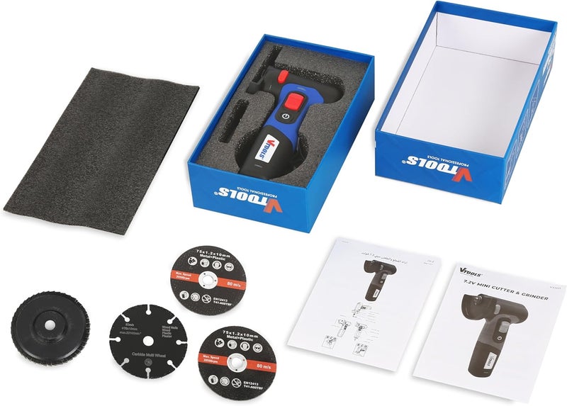 VTOOLS 7.2V Cordless Mini Angle Grinder, High Speed 6000Rpm, With 2000Mah Battery, Compact Angle Grinder, For Cutting, Polishing, Wood, Steel And Plastic, Blue, Vt1215 - Image 5