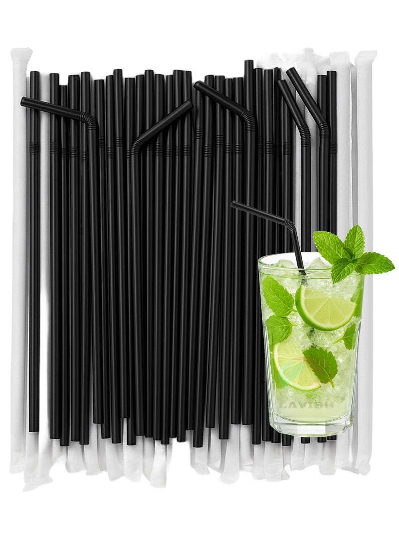 LAVISH Black Flexible Plastic Straws | 200 Individually Wrapped | 24CM Long, 6MM Wide | BPA-Free Food-Grade Disposable Drink Stirrers for Juice, Smoothies, Milkshakes, Parties & Events - Image 1