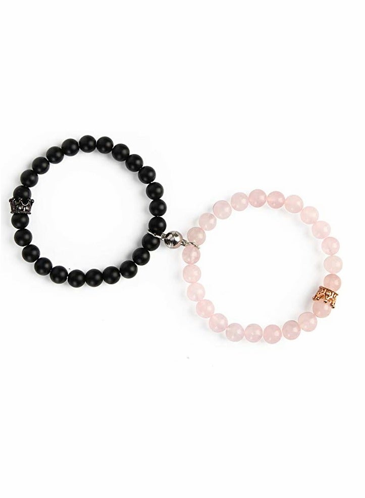 SYOSI Magnetic Couple Bracelets, King and Queen Crown Couple Bracelets for Men and Women, Beads Couple Bracelet, Couples Gifts for Boyfriend Girlfriend and Best Friend, 2 Pcs, Pink and Black - Image 1