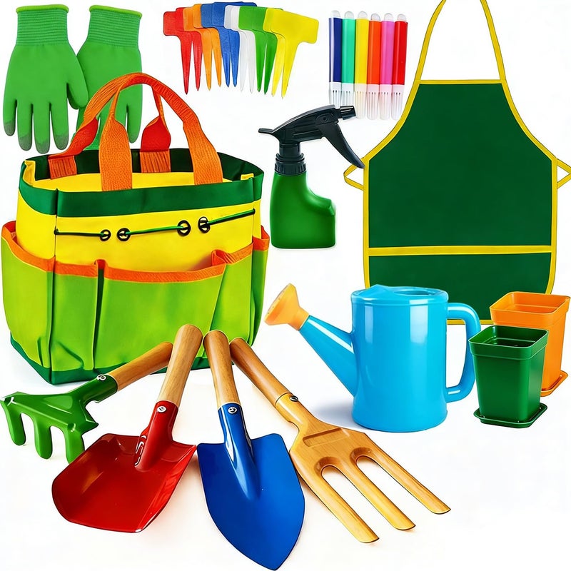 IELEK Kids Gardening Tools, Toddler Gardening Set for Kids Includes Rake, Shovel, Trowel, Apron Gloves Watering Can and Tote Bag, Spray Bottle, Kids Garden Tools Best Outdoor Toys Gift for Boys and Girls - Image 1