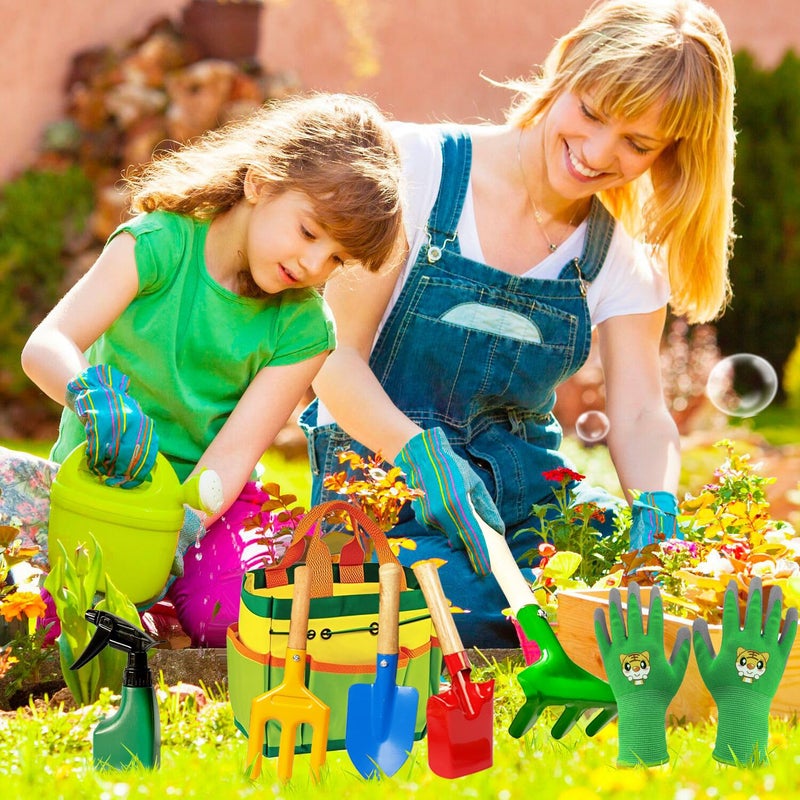 IELEK Kids Gardening Tools, Toddler Gardening Set for Kids Includes Rake, Shovel, Trowel, Apron Gloves Watering Can and Tote Bag, Spray Bottle, Kids Garden Tools Best Outdoor Toys Gift for Boys and Girls - Image 2