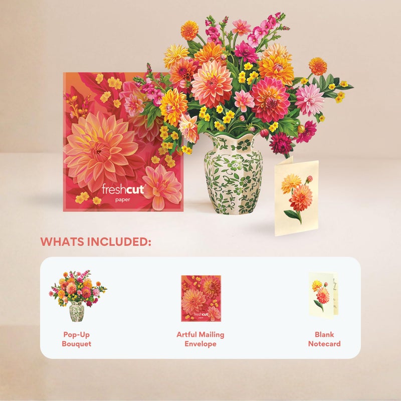 Freshcut Paper Dahlia Sunrise Pop Up Cards, 12 Inch Life Sized Forever Flower Bouquet 3D Popup Greeting Card, Birthday Cards, Valentine's Day Card, Mother's Day Gifts, Blank Notecard & Envelope - Image 5