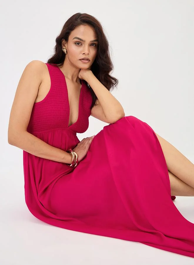 Femmella  Hot Pink Smocked Sleeveless Maxi Dress for Women | Best Price UAE