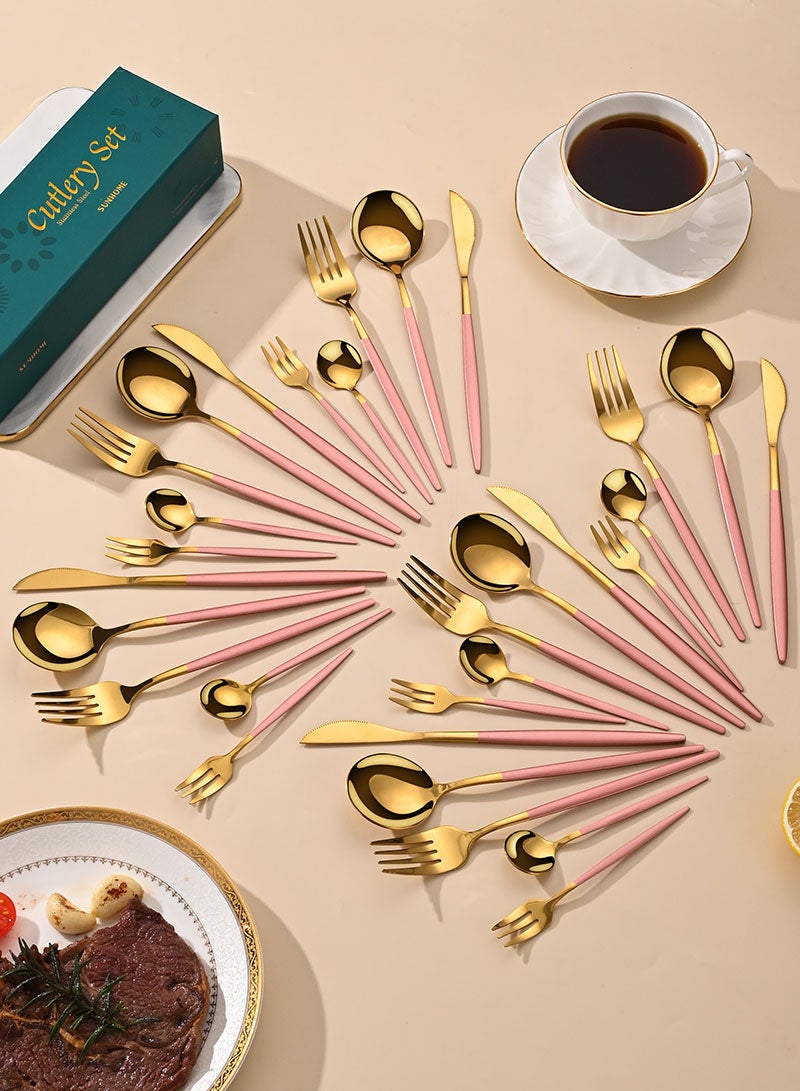 صن هوم مجموعة أدوات مائدة من الفولاذ المقاوم للصدأ من SUNHOME مكونة من 30 قطعة، مناسبة للمنزل والمطبخ والمطعم والفندق والحفلات وتناول الطعام والنزهات، عبوة رائعة للهدايا، وردي/ذهبي - Image 2