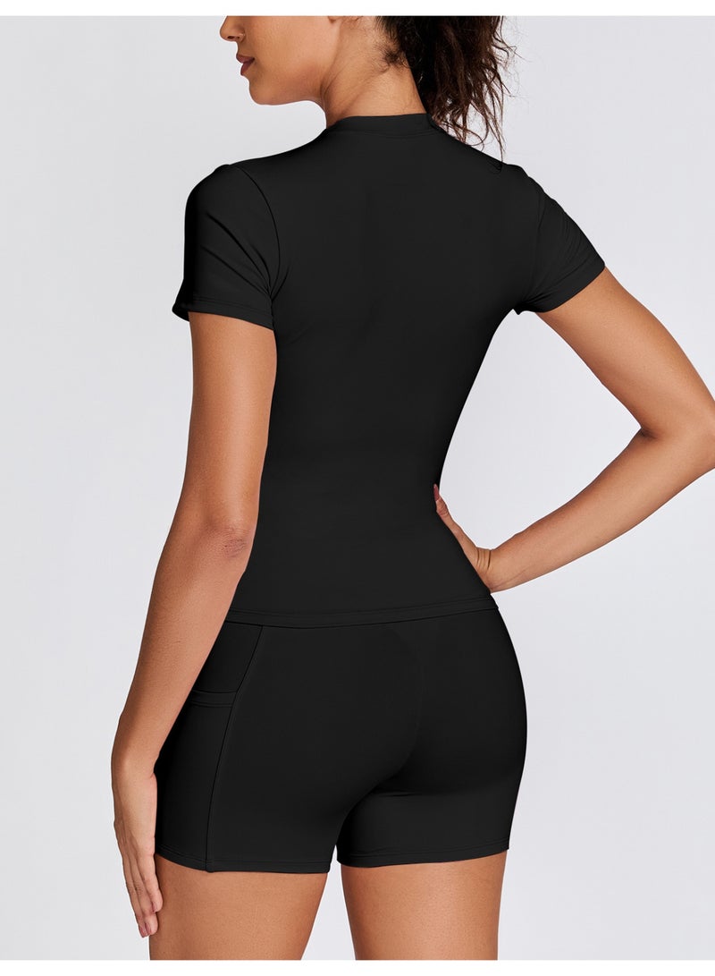 ميرين طقم أسود من بلوزة قصيرة الأكمام وشورت بجيوب - Image 2