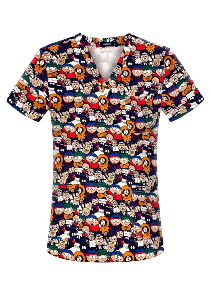 Loquat Cartoon Printed V-Neck Medical Uniform Scrubs Top Comfty Soft Workwear 