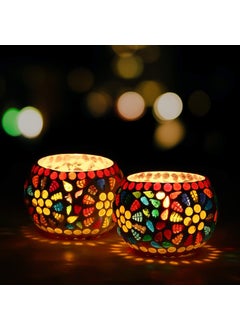 Webelkart WebelKart Set of 2 Mosaic Glass TeaLight Votive Candle Holder with Tea Light Candles for Living Room Table Home Décor - Christmas Decorations Items (Multicolor, Glass)  - Image 1