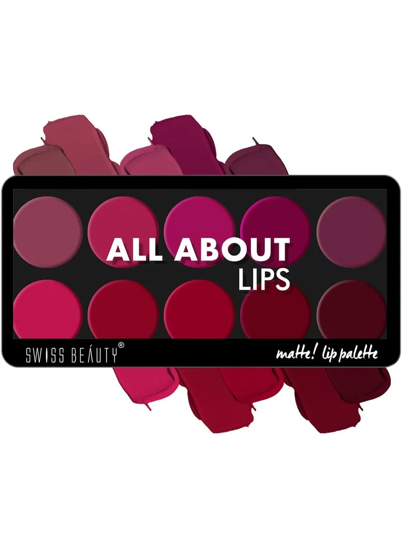 سويس بيوتي Swiss Beauty All About Lip Palette With 10 Pigmented Colors |Creamy Matte Finish Lip Colors Lipstick |Travel Friendly Lip Palette | Multicolor-02, 12gm