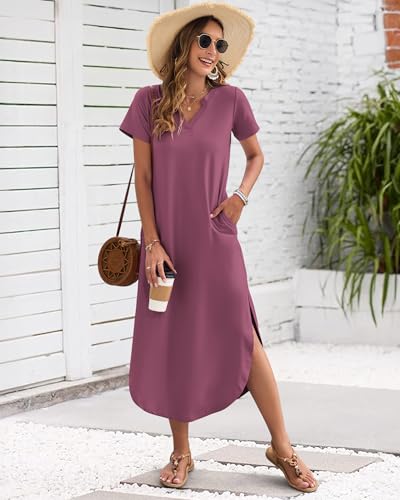 MISFAY Women's Summer Casual Maxi Dress 2026 Short Sleeves V Neck Loose Sundress Split Long Beach T Shirt Dress Vacation Outfits(Mauve,M) - Image 4