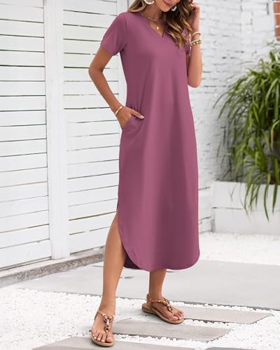 MISFAY Women's Summer Casual Maxi Dress 2026 Short Sleeves V Neck Loose Sundress Split Long Beach T Shirt Dress Vacation Outfits(Mauve,M) - Image 2