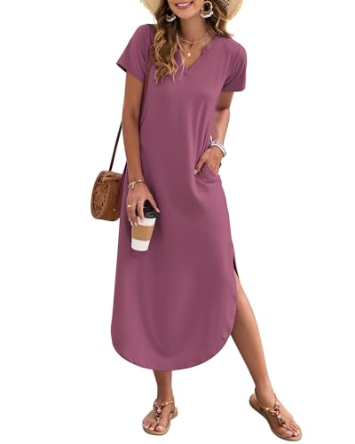 MISFAY Women's Summer Casual Maxi Dress 2026 Short Sleeves V Neck Loose Sundress Split Long Beach T Shirt Dress Vacation Outfits(Mauve,M) - Image 1
