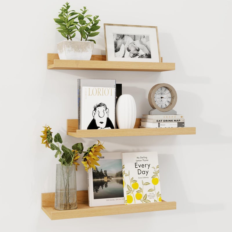 Axeman Picture Ledge Shelf | 16 Inch Oak Floating Shelves Set of 3 | Rustic Wood Wall Shelves with Lip | 16" Oak Picture Shelf for Wall with Ledge | Photo Shelves - Image 1