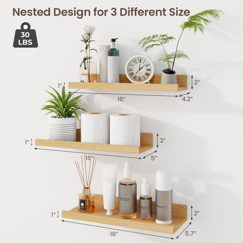 Axeman Picture Ledge Shelf | 16 Inch Oak Floating Shelves Set of 3 | Rustic Wood Wall Shelves with Lip | 16" Oak Picture Shelf for Wall with Ledge | Photo Shelves - Image 3
