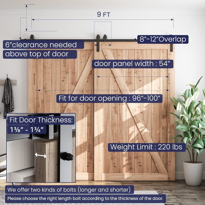 SMARTSTANDARD 9 Feet Bypass Sliding Barn Door Hardware Kit - for Double Wooden Doors-Single Track - Smoothly & Quietly - Easy to Install-Fit 96" Opening - Image 4