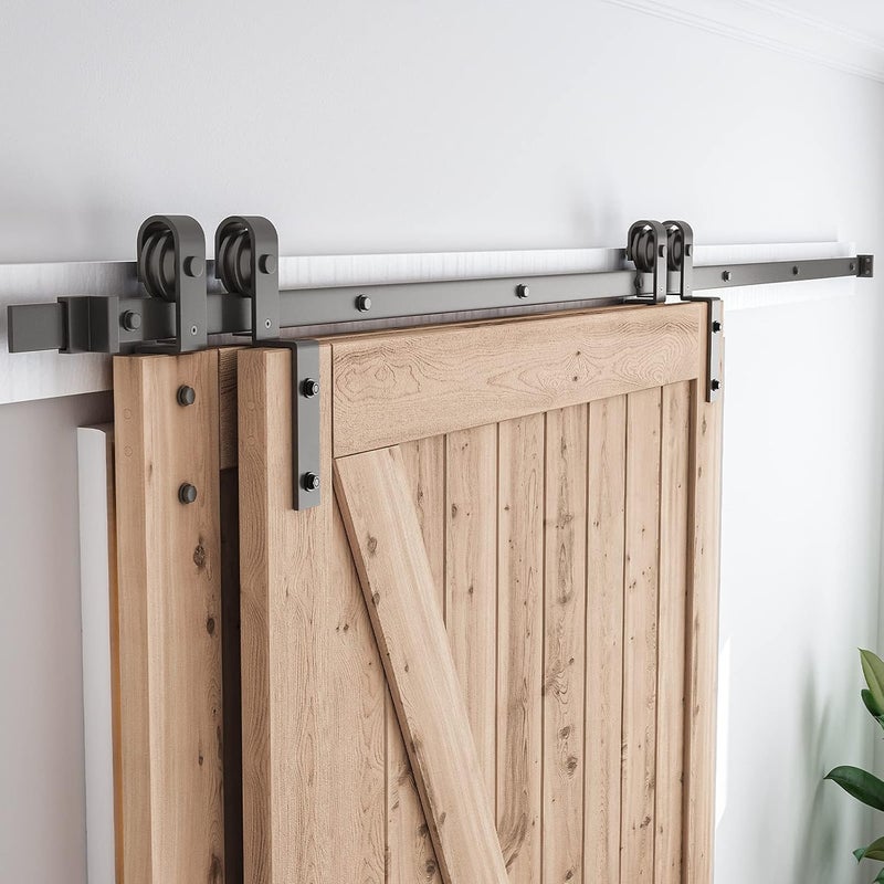 SMARTSTANDARD 9 Feet Bypass Sliding Barn Door Hardware Kit - for Double Wooden Doors-Single Track - Smoothly & Quietly - Easy to Install-Fit 96" Opening - Image 1