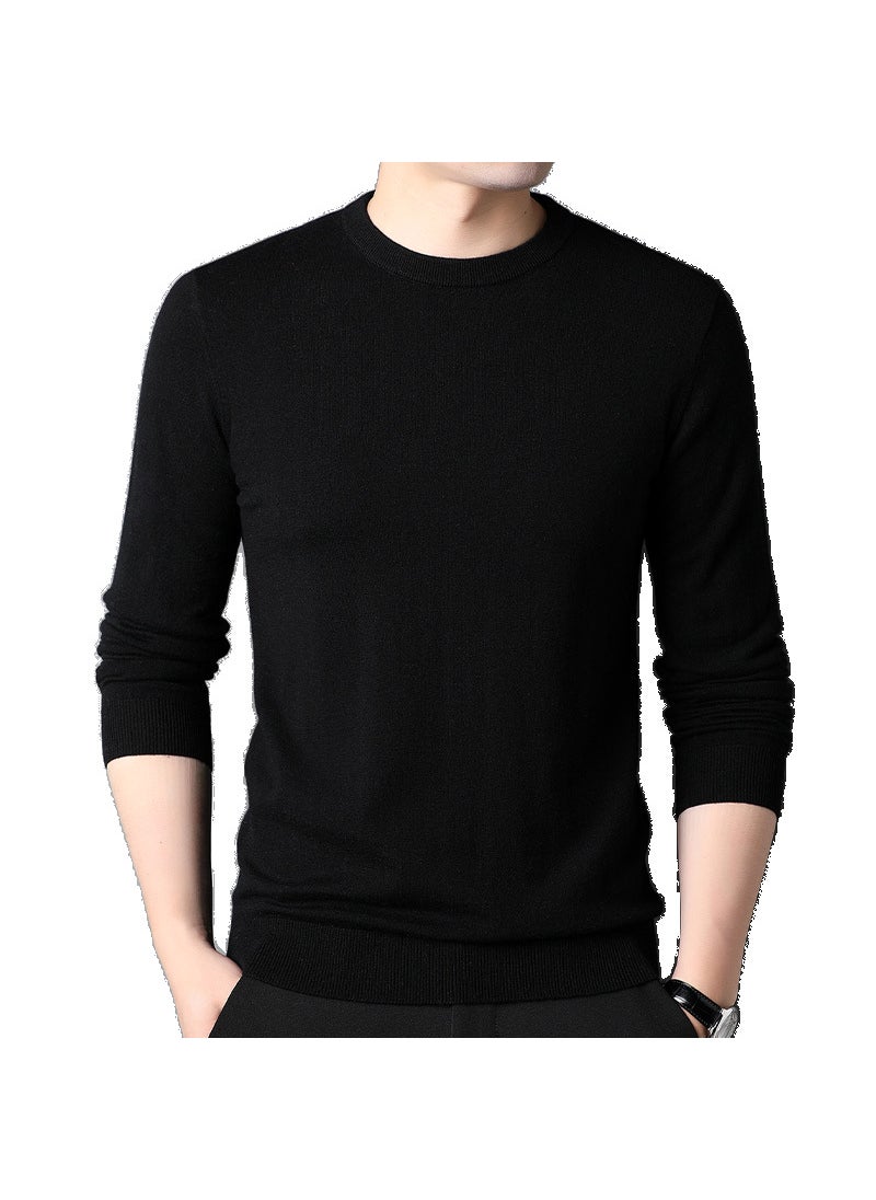 Generic - Mens Pure Wool Knitted Sweater round Neck Thin Style Autumn Winter Casual Top Quality Soft Long Sleeve Loose Fit Fashionable Black - Image 1