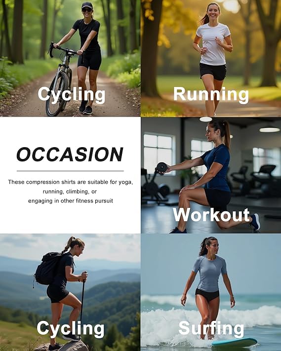 CL convallaria Women's Compression Shirts Short Sleeve Workout Tops Moisture Wicking Athletic T-Shirts for Gym Yoga Running 4 Pack, Black+White+Haze Blue+Dark Blue, X-Small - Image 5