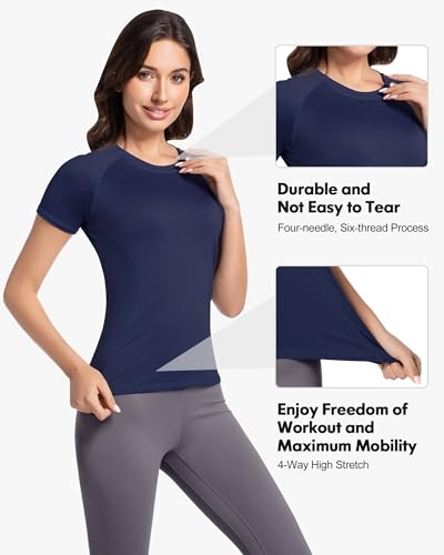CL convallaria Women's Compression Shirts Short Sleeve Workout Tops Moisture Wicking Athletic T-Shirts for Gym Yoga Running 4 Pack, Black+White+Haze Blue+Dark Blue, X-Small - Image 3