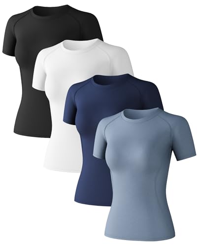 CL convallaria Women's Compression Shirts Short Sleeve Workout Tops Moisture Wicking Athletic T-Shirts for Gym Yoga Running 4 Pack, Black+White+Haze Blue+Dark Blue, X-Small - Image 1