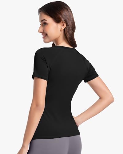 CL convallaria Women's Compression Shirts Short Sleeve Workout Tops Moisture Wicking Athletic T-Shirts for Gym Yoga Running 4 Pack, Black+White+Haze Blue+Dark Blue, X-Small - Image 2