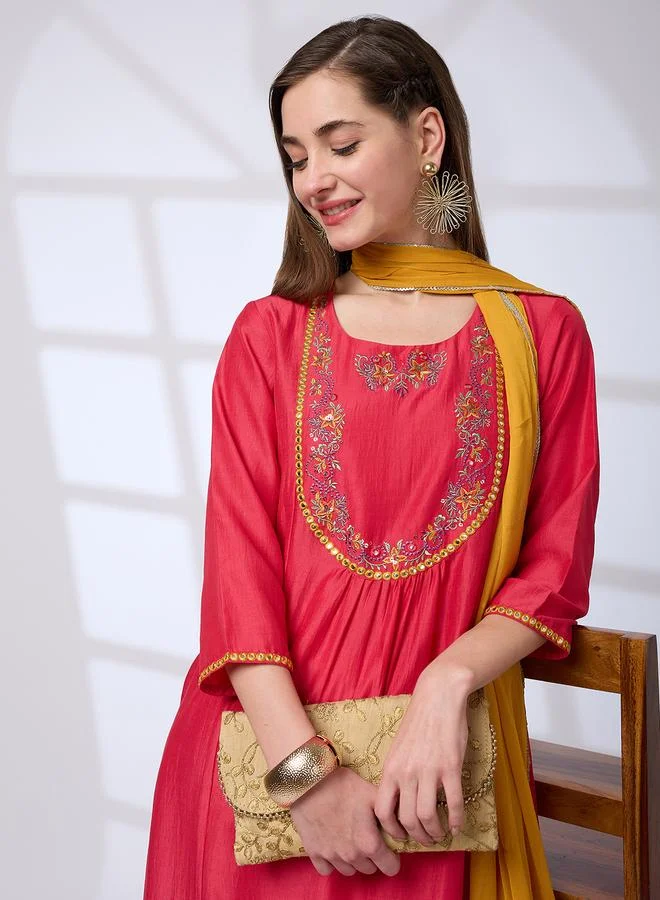 globus Mirror Work Pleated A-Line Kurta, Pants and Sequined Taping Dupatta Festive Set