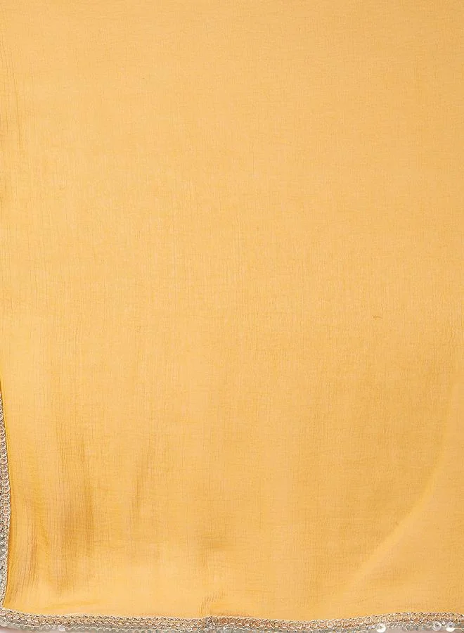 globus Mirror Work Pleated A-Line Kurta, Pants and Sequined Taping Dupatta Festive Set