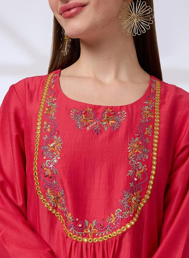 globus Mirror Work Pleated A-Line Kurta, Pants and Sequined Taping Dupatta Festive Set