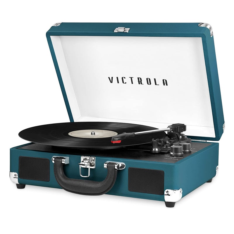 Victrola Journey Bluetooth Portable Suitcase Record Player â€“ with Built-in Speakers, 3 Speed Vinyl Record Player, RCA Out, Headphone Jack (Blue Coral) - Image 1