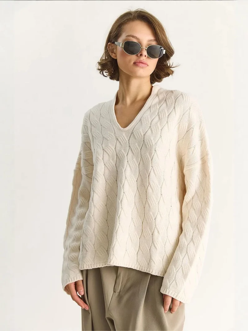 Bianco Lucci Cream Natural LUCCI Relaxed Fit V-Neck Textured Knit Sweater for Women | Best Price UAE