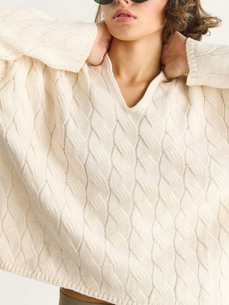 Bianco Lucci Cream Natural LUCCI Relaxed Fit V-Neck Textured Knit Sweater for Women | Best Price UAE